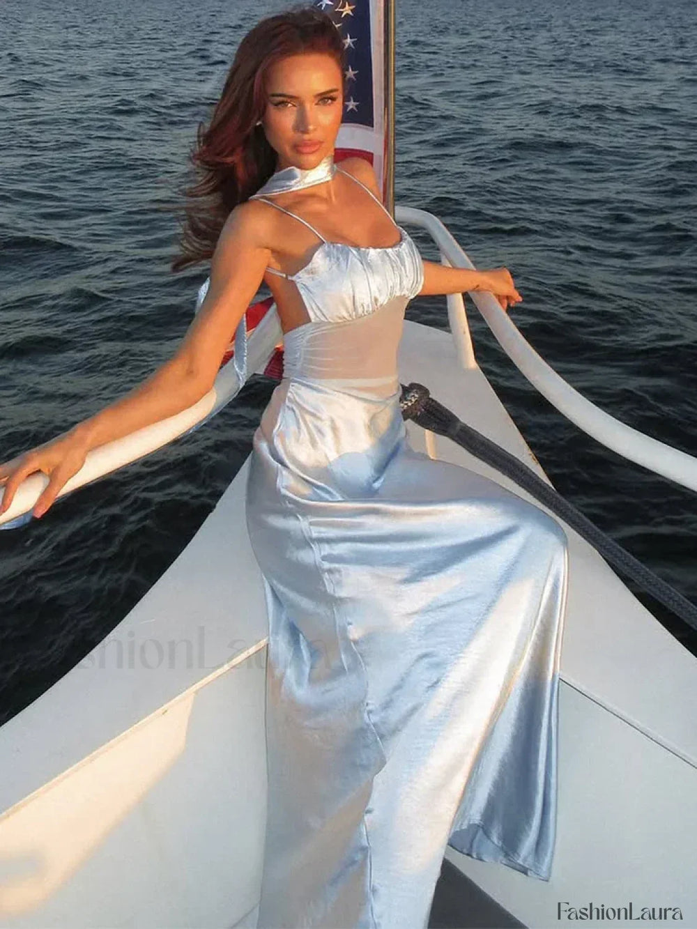 Satin Mesh Patchwork Ruffle Maxi Dress