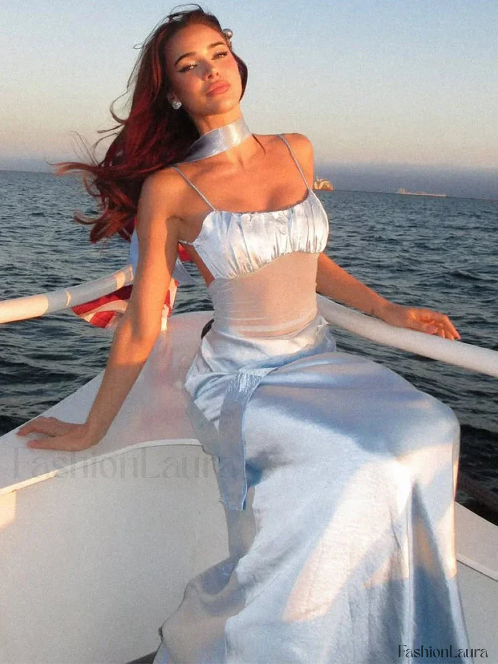 Satin Mesh Patchwork Ruffle Maxi Dress Blue / S