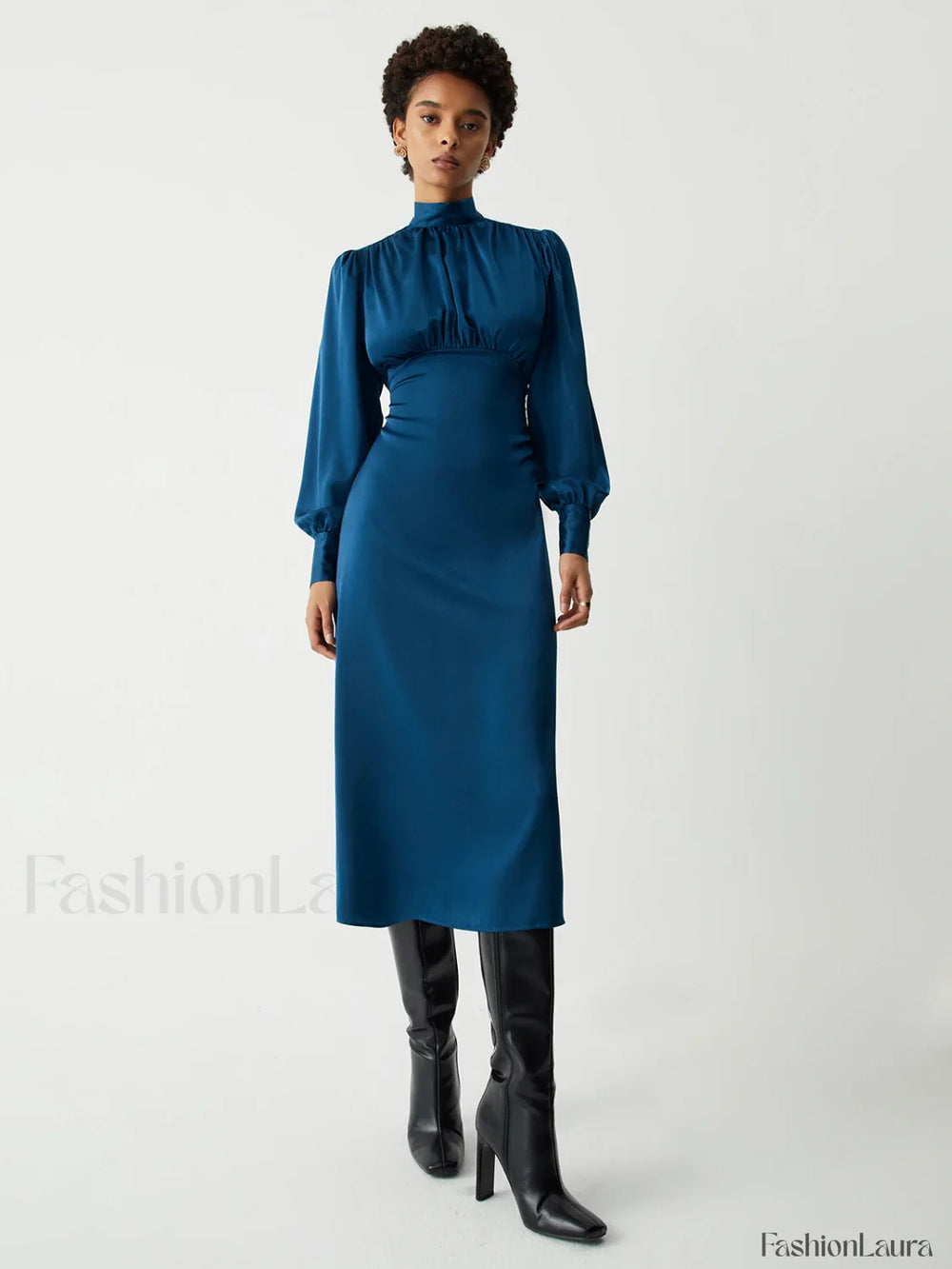 Satin Mock Neck Tie Modern Back Long Sleeve Midi Dress Dresses