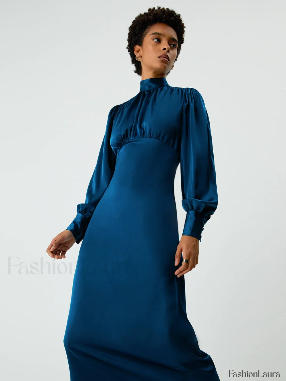 Satin Mock Neck Tie Modern Back Long Sleeve Midi Dress Dresses