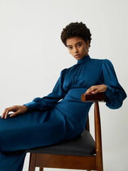 Satin Mock Neck Tie Modern Back Long Sleeve Midi Dress Dresses