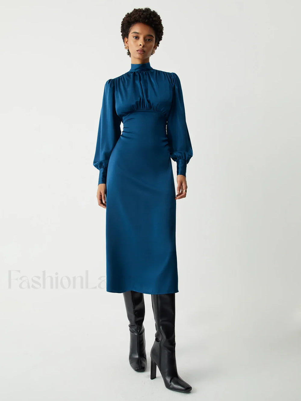 Satin Mock Neck Tie Modern Back Long Sleeve Midi Dress Dresses