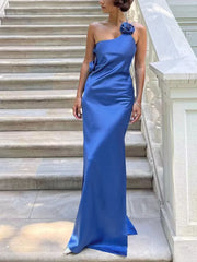 Satin Rose Decor Asymmetrical Modern Open Back Maxi Dress Party Dresses L