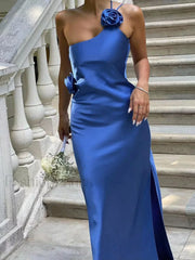 Satin Rose Decor Asymmetrical Modern Open Back Maxi Dress Party Dresses L