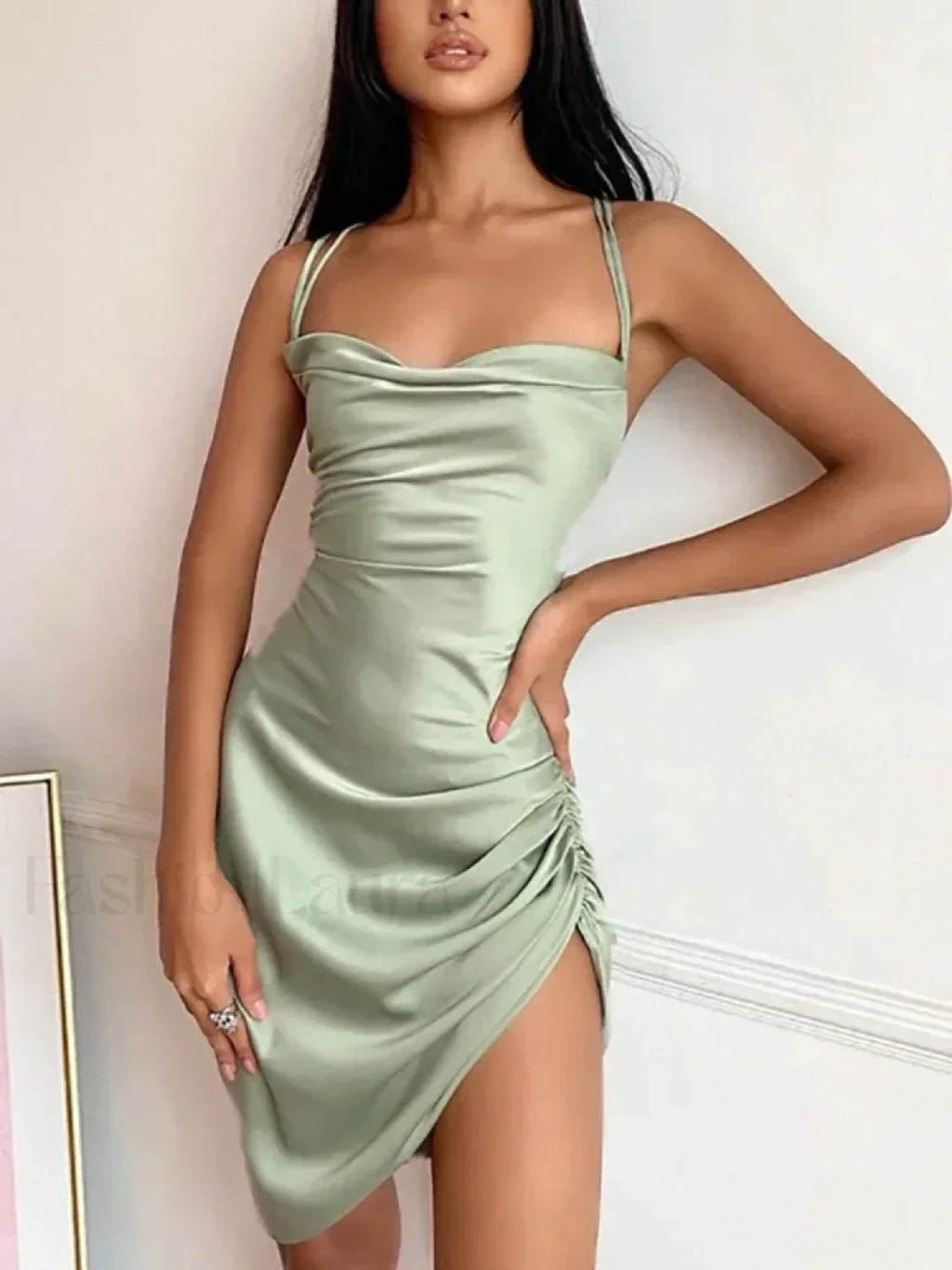 Satin Spaghetti Strap Mini Dress Green / S