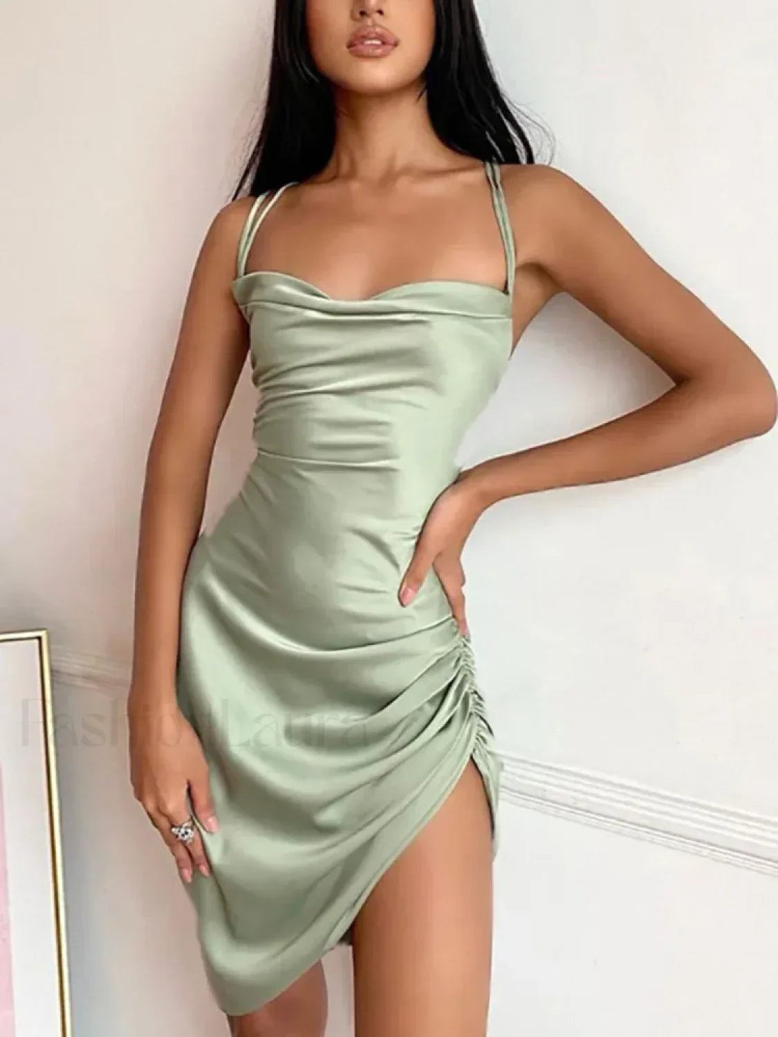 Satin Spaghetti Strap Mini Dress Green / S