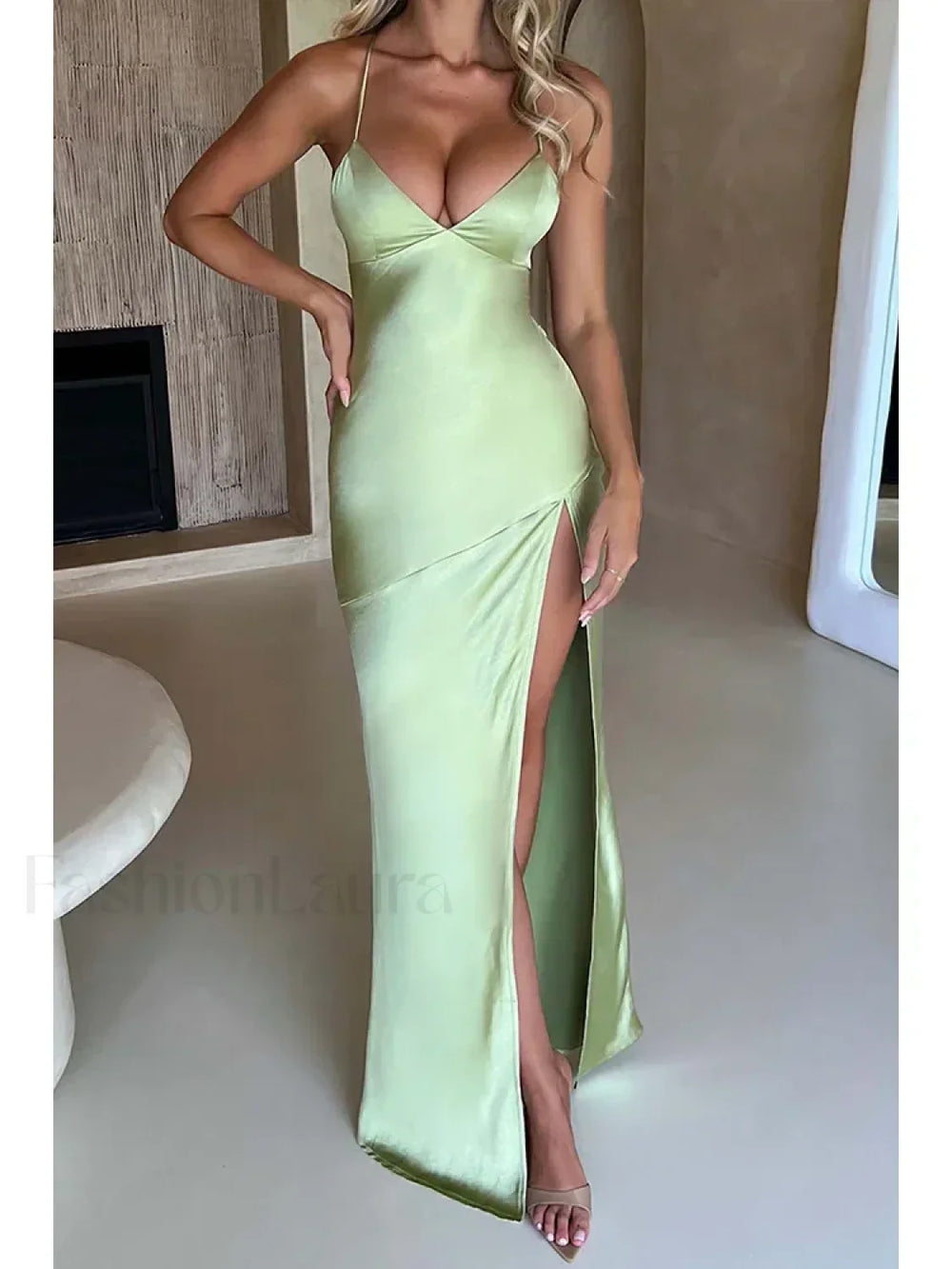 Satin Split Lace Up Maxi Dress