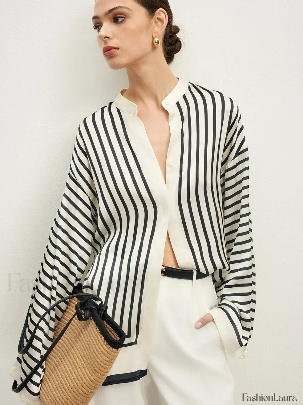 Satin Striped Button Cozy Blouse Blouses