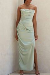 Satin Tube Top Halter Split Knee Length Sexy Evening Maxi Dress Avocado Green / S