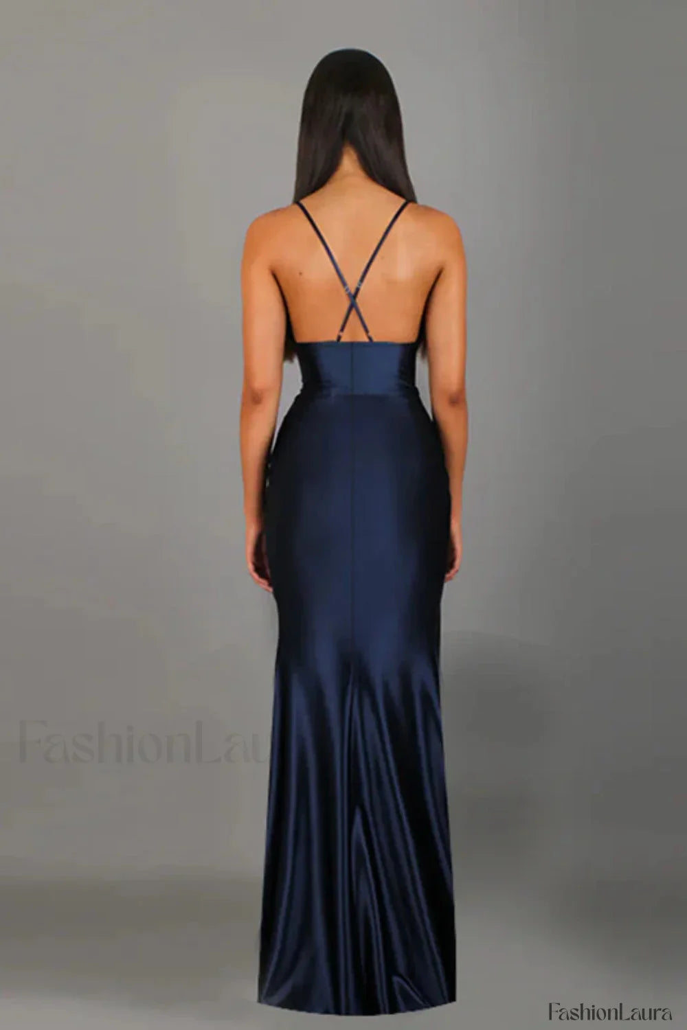 Satin V Neck Waist Split Halter Suspender Maxi Dress