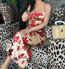 Satin Y2K Bodycon Floral Dress Red / S