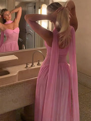 Scarf Collar Mesh Pink Maxi Dress Pink / S