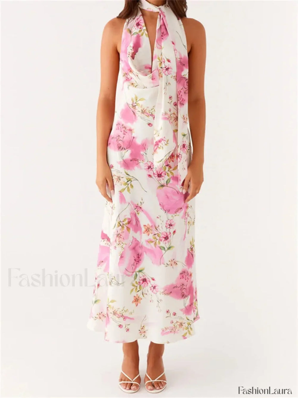 Scarf Halter Floral Maxi Dress pink / S