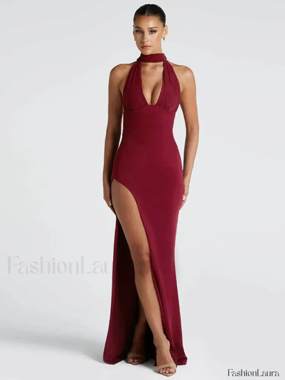 Scarf Split Deep V Maxi Dress Wine / S