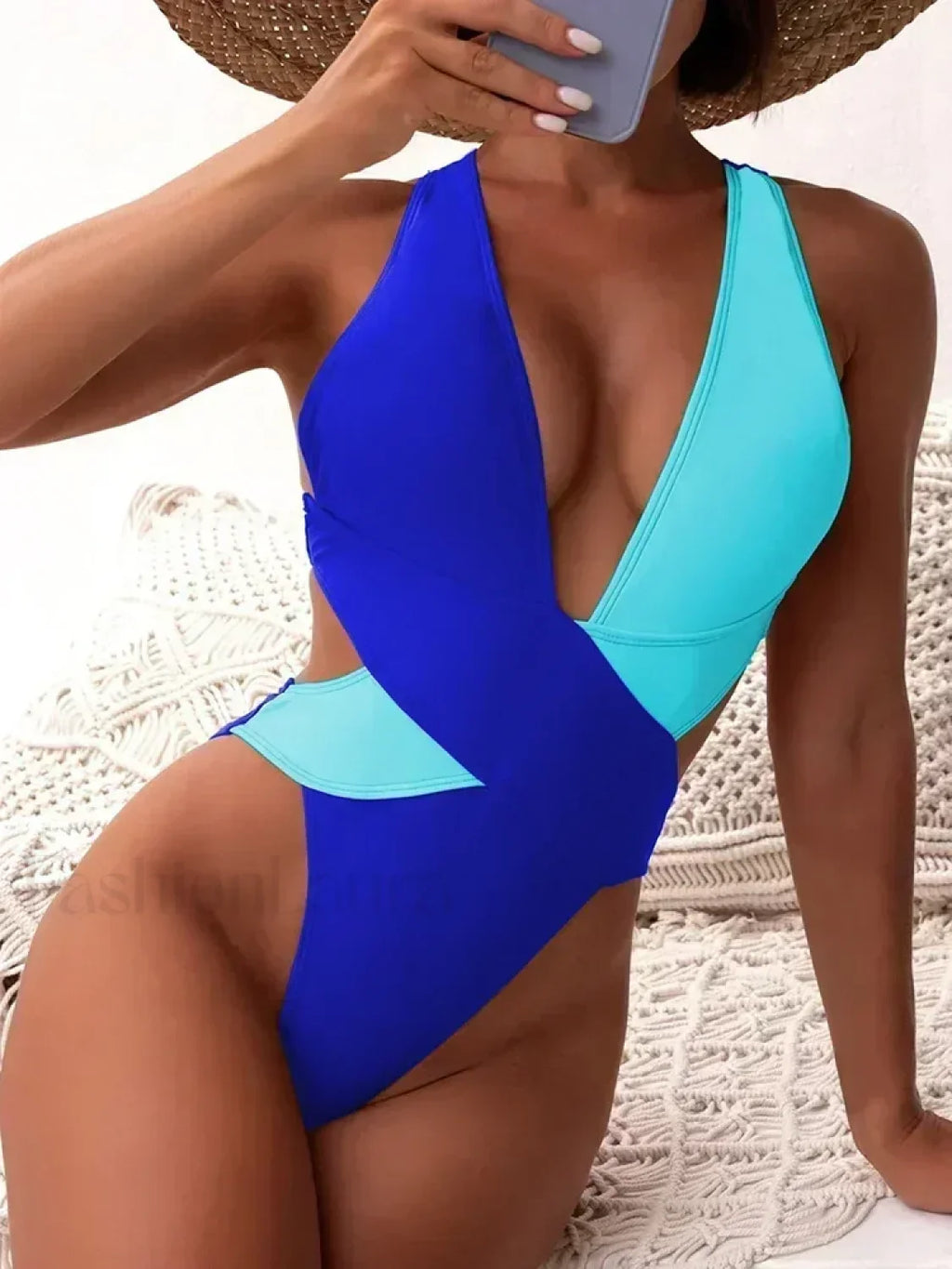 Scrunch Deep V Cross Backless One Piece blue / S