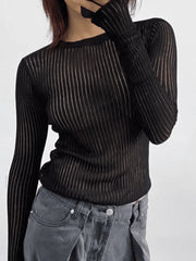 See Through Long Sleeve Ribbed Knit Top Sweaters