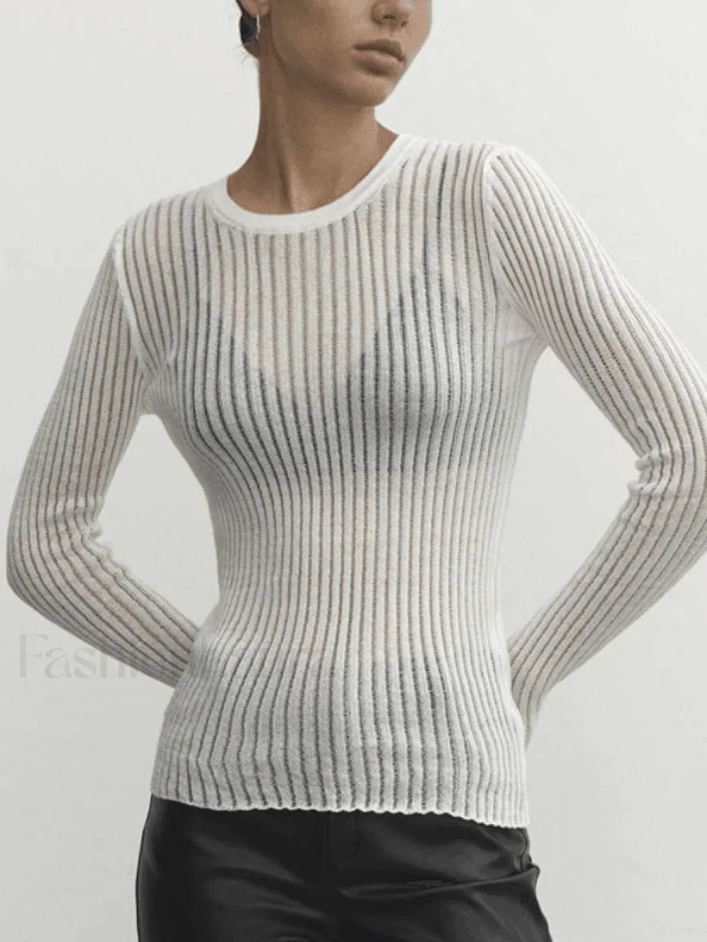 See Through Long Sleeve Ribbed Knit Top Sweaters