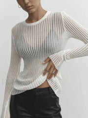 See Through Long Sleeve Ribbed Knit Top White / S Sweaters