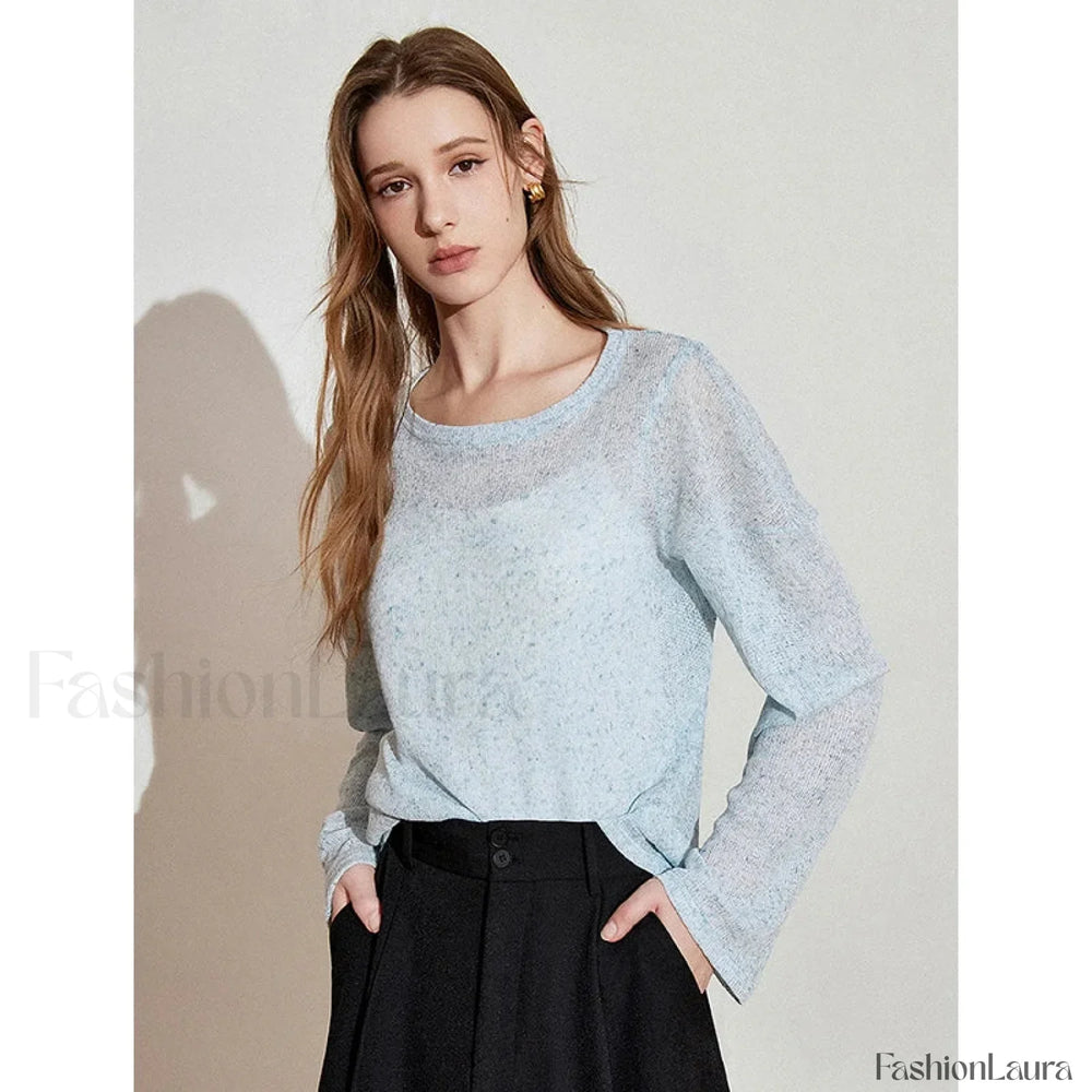 See Through Romantic Round Neck T Shirt Light Blue / S