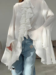 Semi sheer Chiffon Graceful Ruffled Trim Blouse Blouses