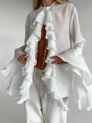 Semi sheer Chiffon Graceful Ruffled Trim Blouse Blouses