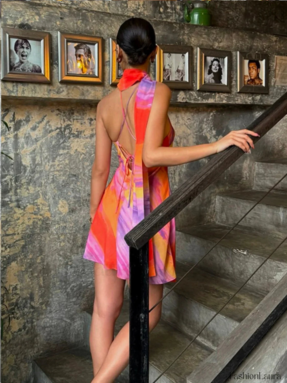 Semi Sheer Halter Backless Tie Dye Short Dress Dresses