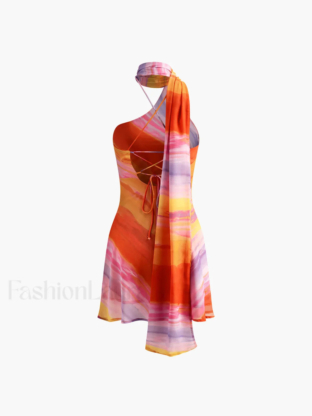 Semi Sheer Halter Backless Tie Dye Short Dress Dresses