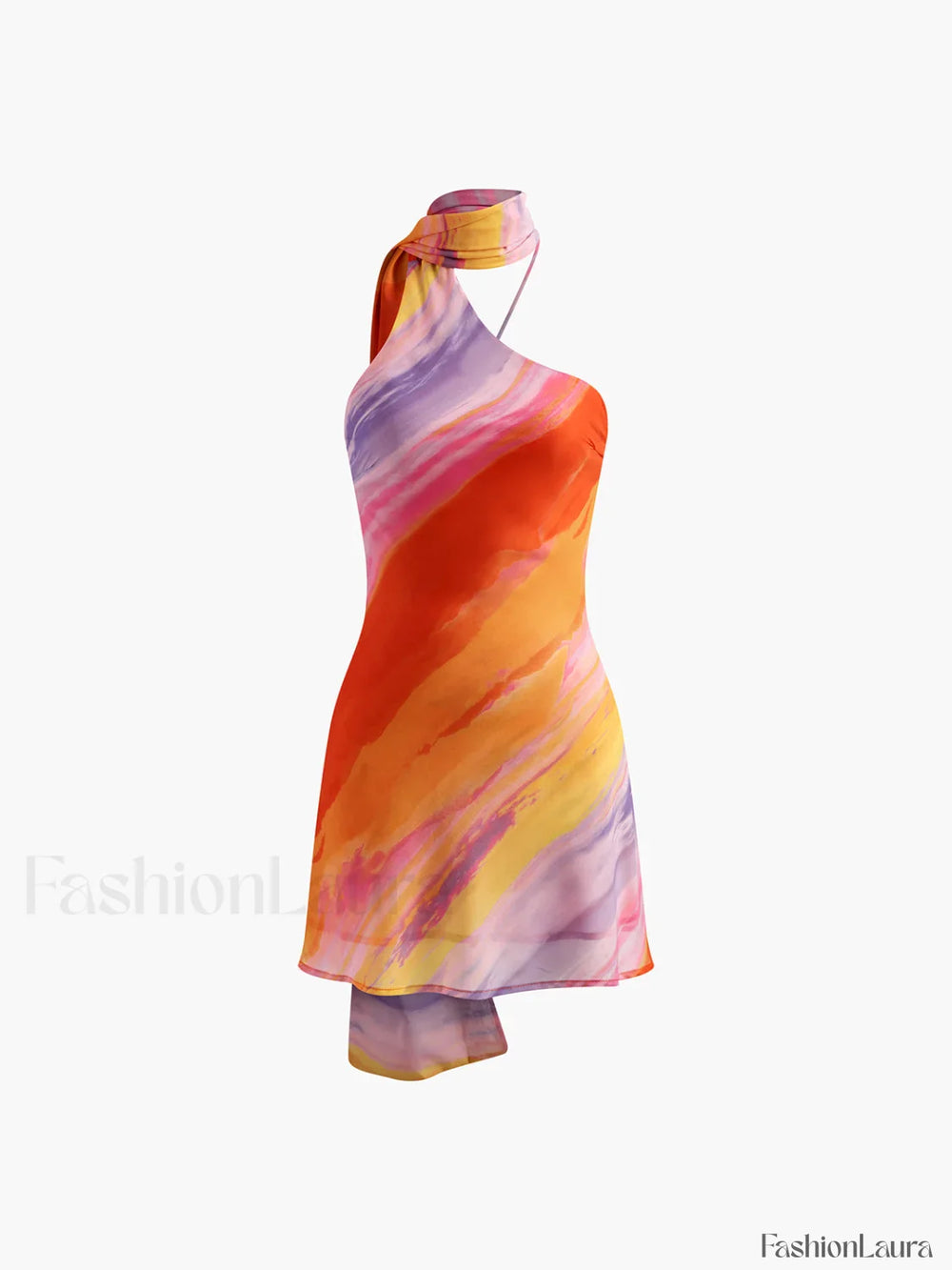 Semi Sheer Halter Backless Tie Dye Short Dress Multicolor / XS Dresses