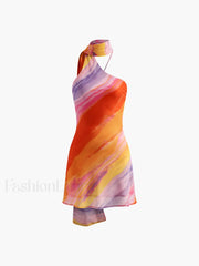 Semi Sheer Halter Backless Tie Dye Short Dress Multicolor / XS Dresses