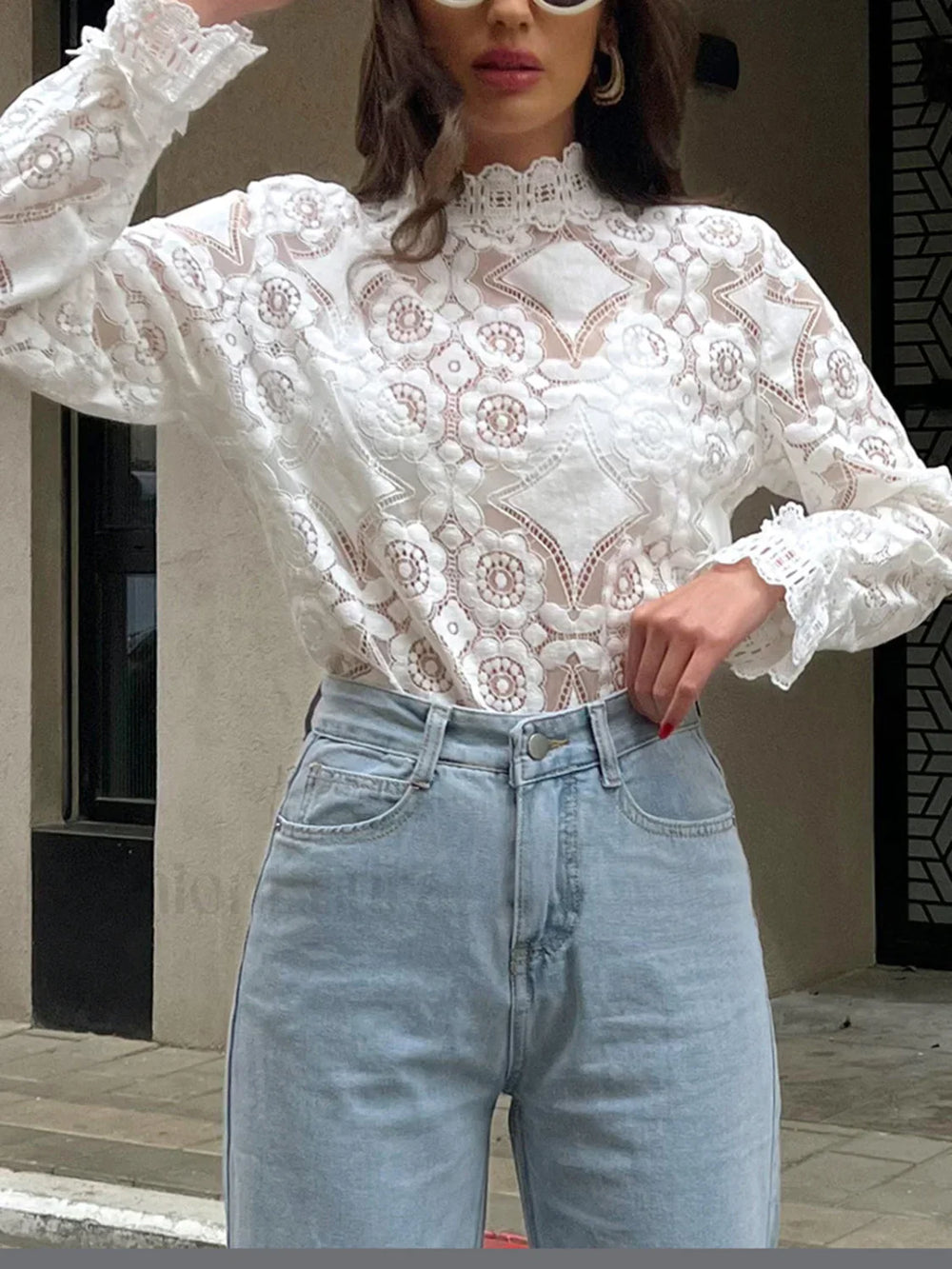 Semi Sheer Lace Embroidery Floral Mock Neck T Shirt T Shirts