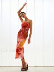 Semi Sheer Mesh Midi Tube Dress Multicolor / XS Dresses