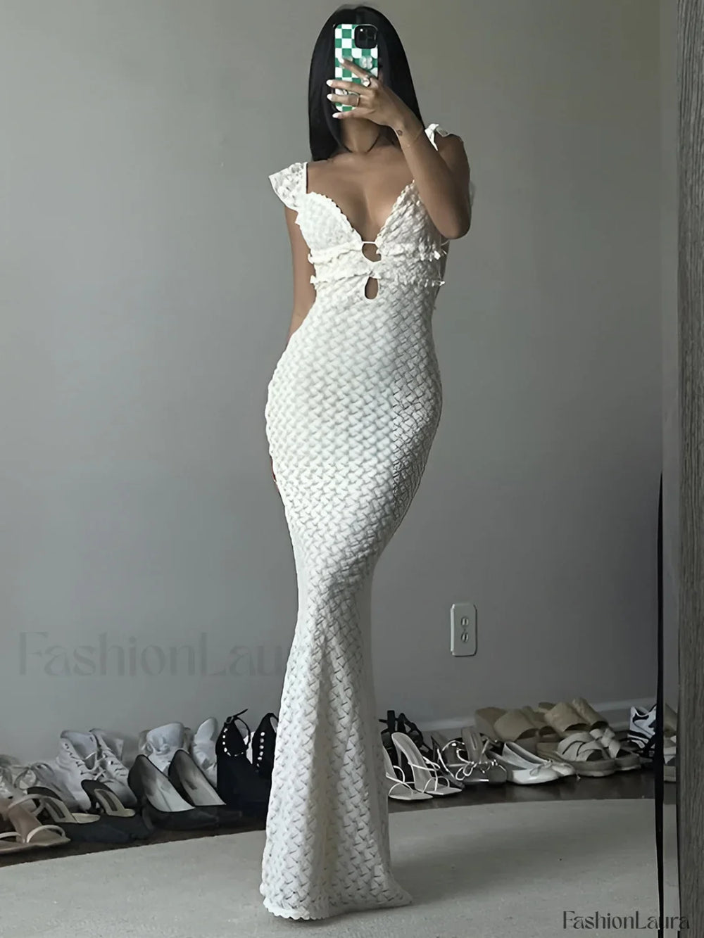 Semi Sheer Pearl Keyhole Neckline Cami Long Dress Dresses