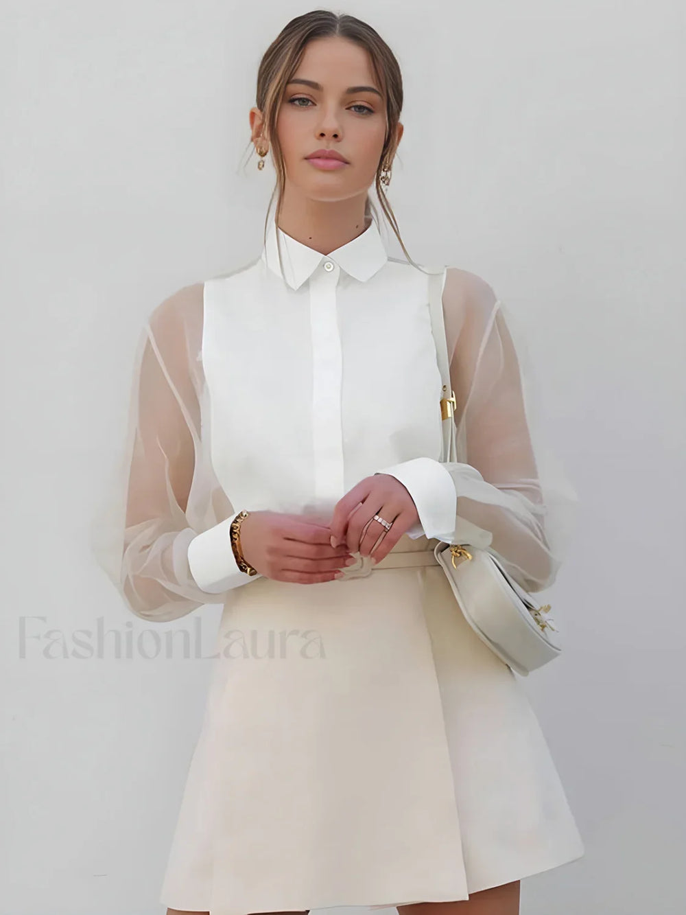 Semi Sheer Puff Sleeve Organza Shirt White / XS Shirts