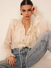 Semi Sheer Ruffle Chiffon Breasted Blouse Blouses