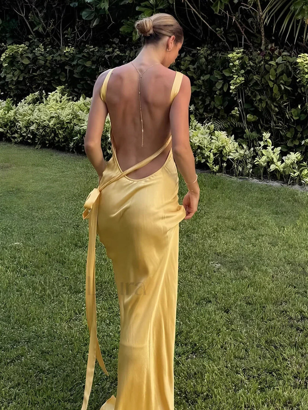 Semi Sheer Satin Asymmetrical One Shoulder Long Dress Yellow / XS Dresses