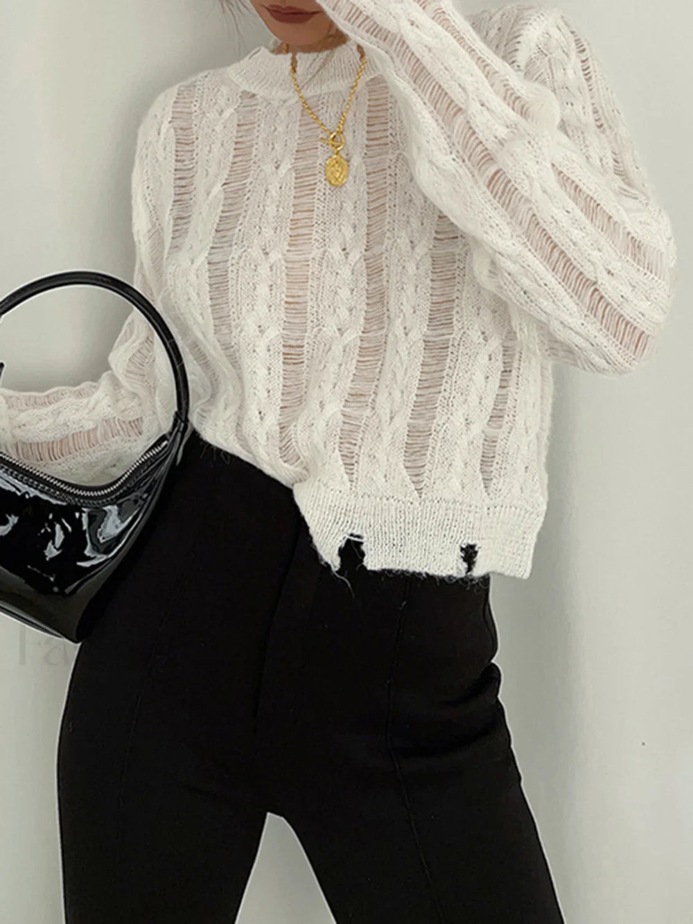 Semi Sheer Snowflake Crochet Knit Shirt Knit Tops