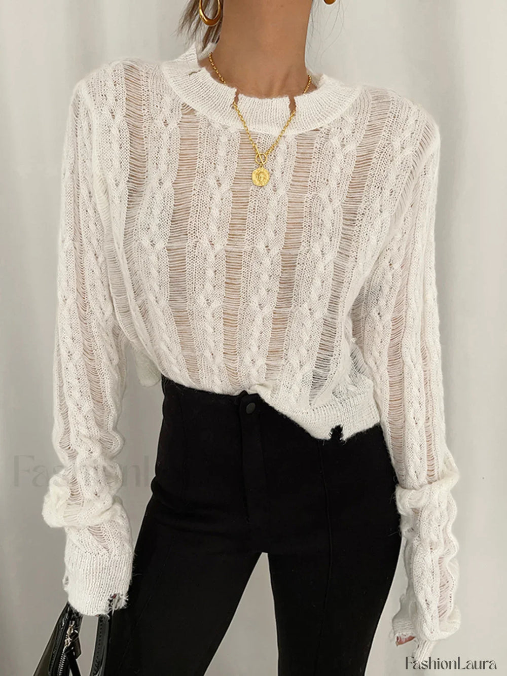 Semi Sheer Snowflake Crochet Knit Shirt Knit Tops