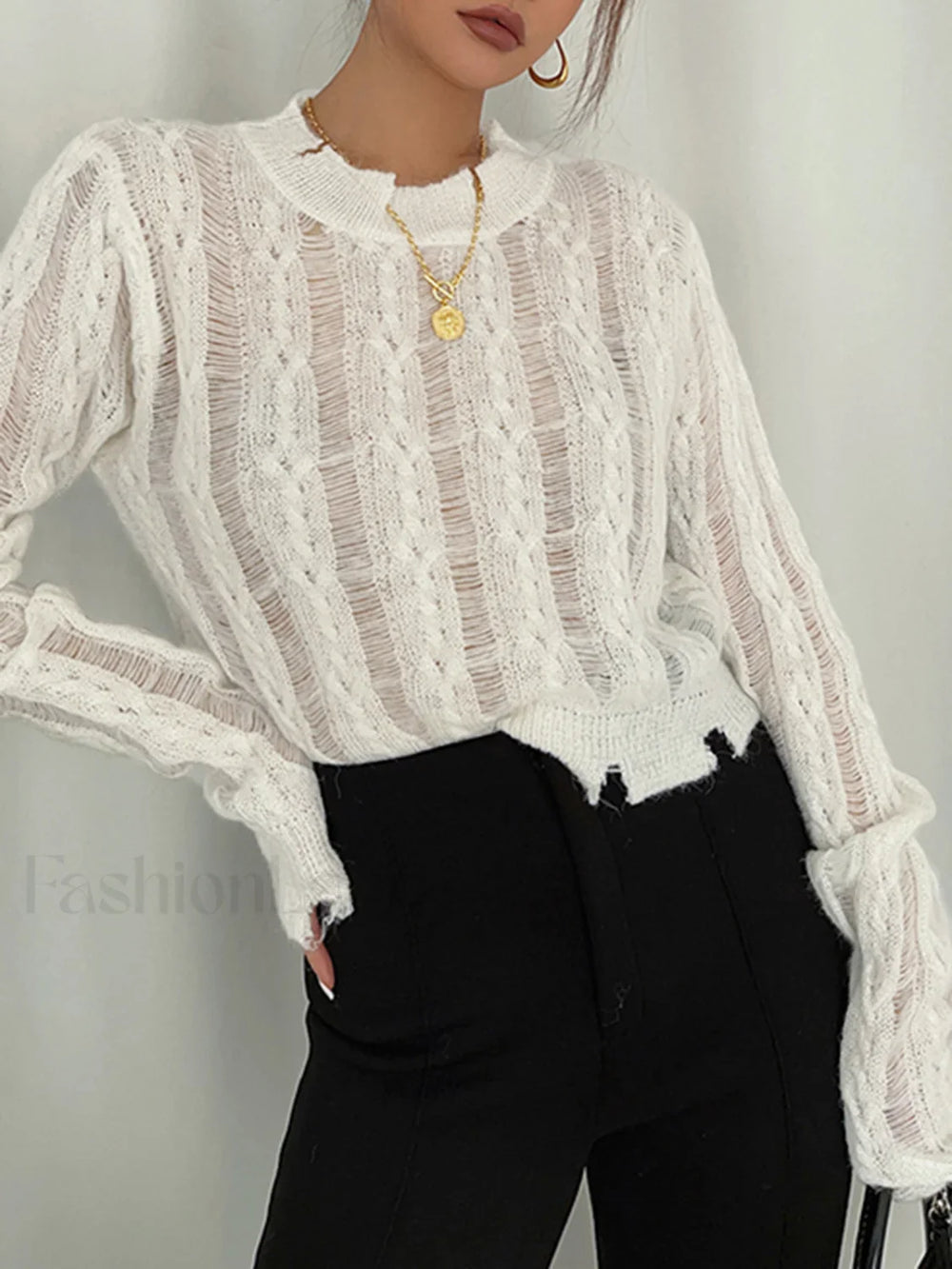 Semi Sheer Snowflake Crochet Knit Shirt White / XS Knit Tops