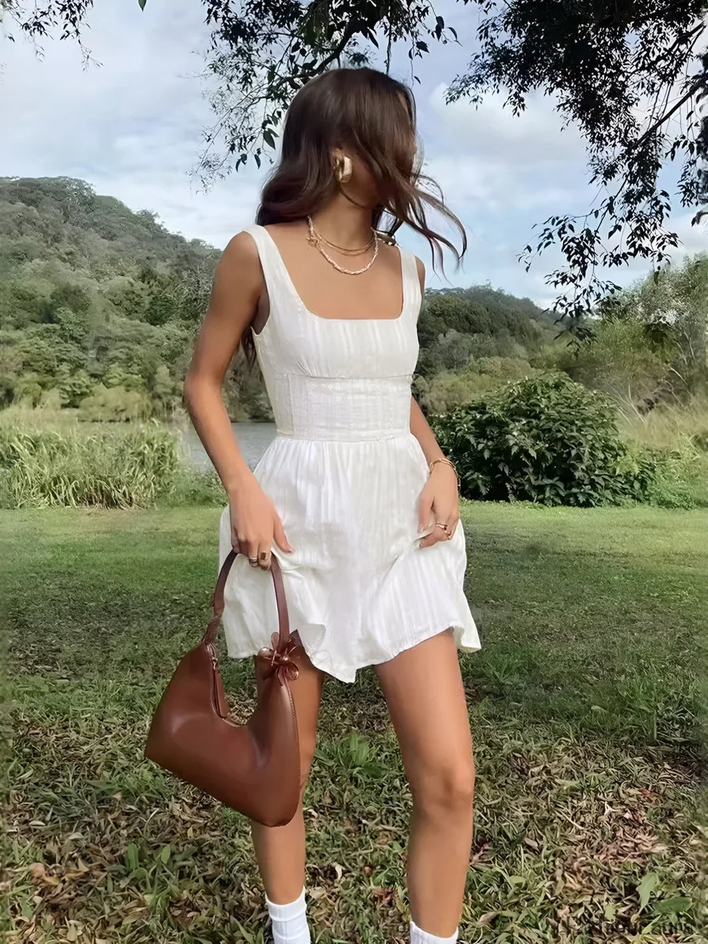 Semi Sheer Solid Square Neckline Short Dress Dresses