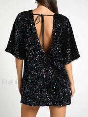 Sequin Deep V Trendy Back Tie Short Dress Black / S Dresses