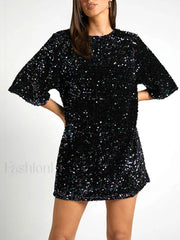 Sequin Deep V Trendy Back Tie Short Dress Dresses
