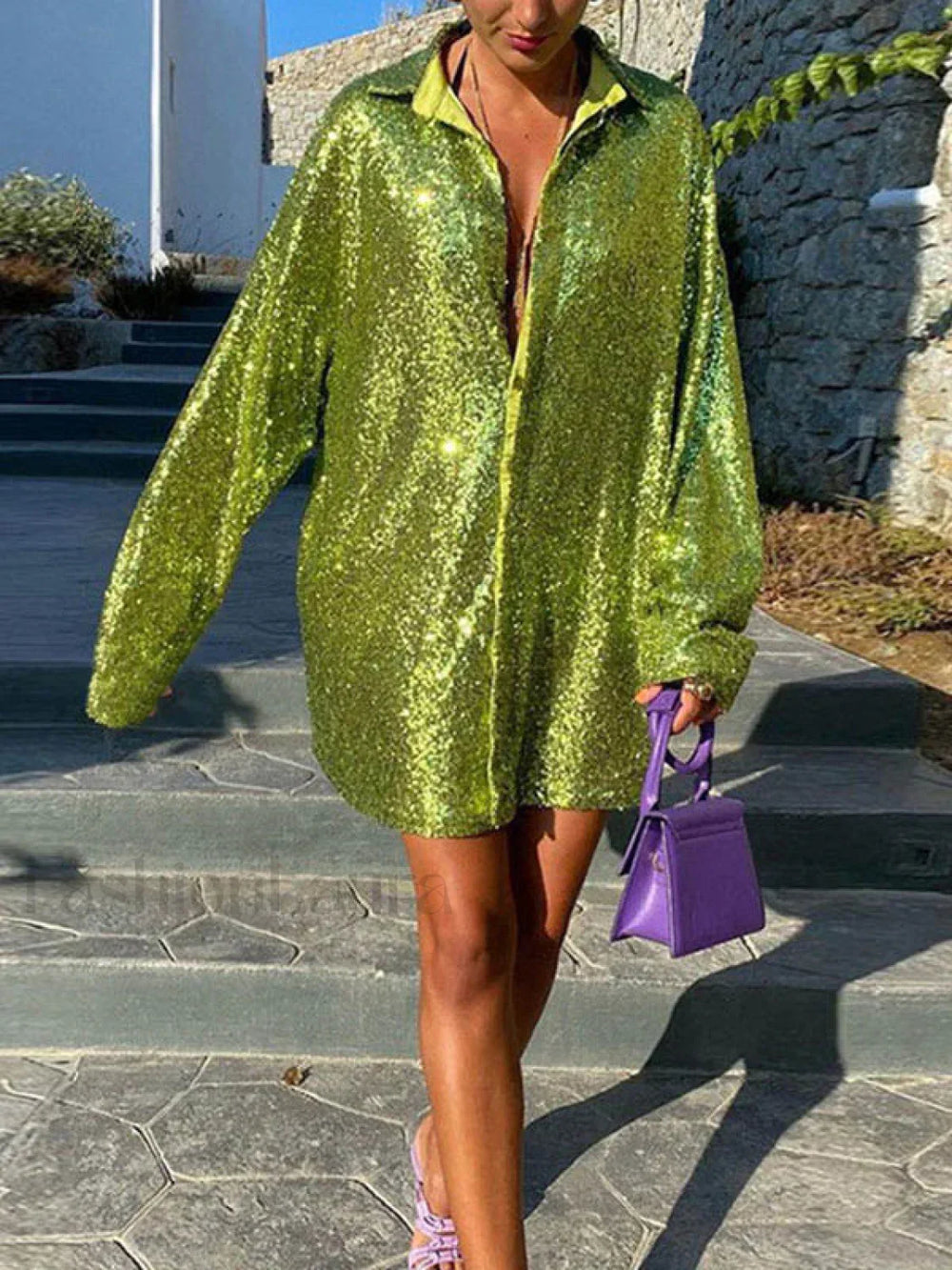 Sequin Long Sleeve Shirt Party Mini Dress Green / S Mini Dresses