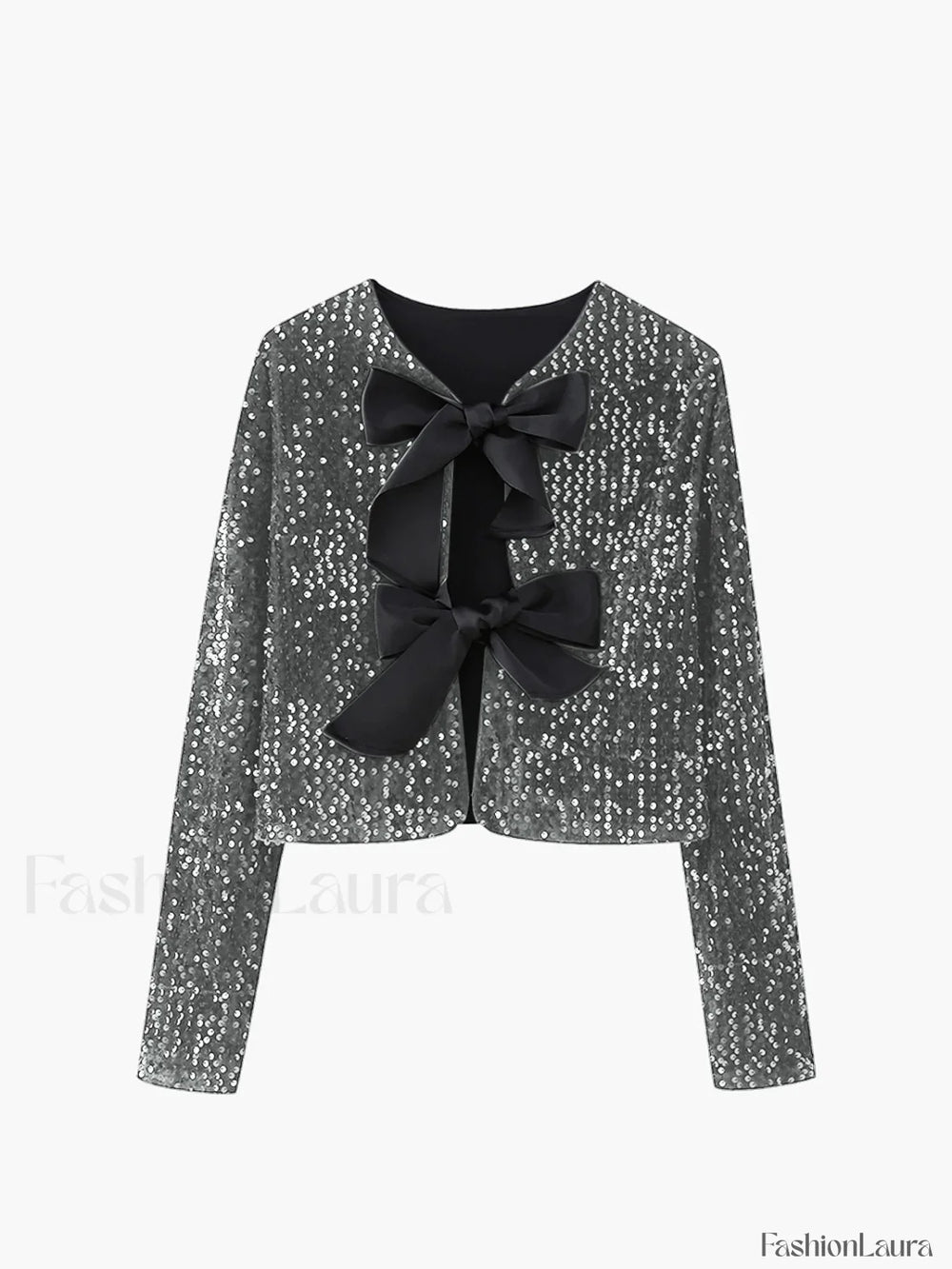 Sequined Velvet Bowknot Decor Jacket Grey / XS Jackets
