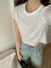 Sequined Y2K Cotton T Shirt Beige / S