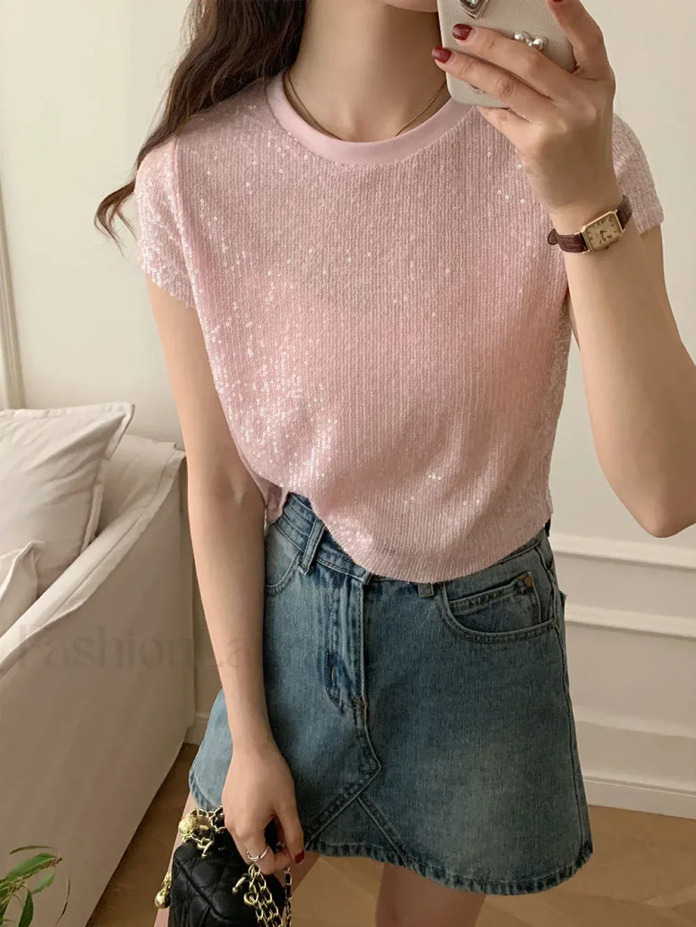 Sequined Y2K Cotton T Shirt Pink / S