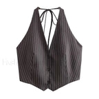 Sexy Backless Bow Tie Striped Print Short Blouse Crop Top GRAY / S