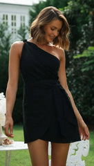 Sexy Backless Dress for Summer Women’s 2024 New Slant Neck Zipper Solid High Waist Lace up Irregular Hem Mini Dress