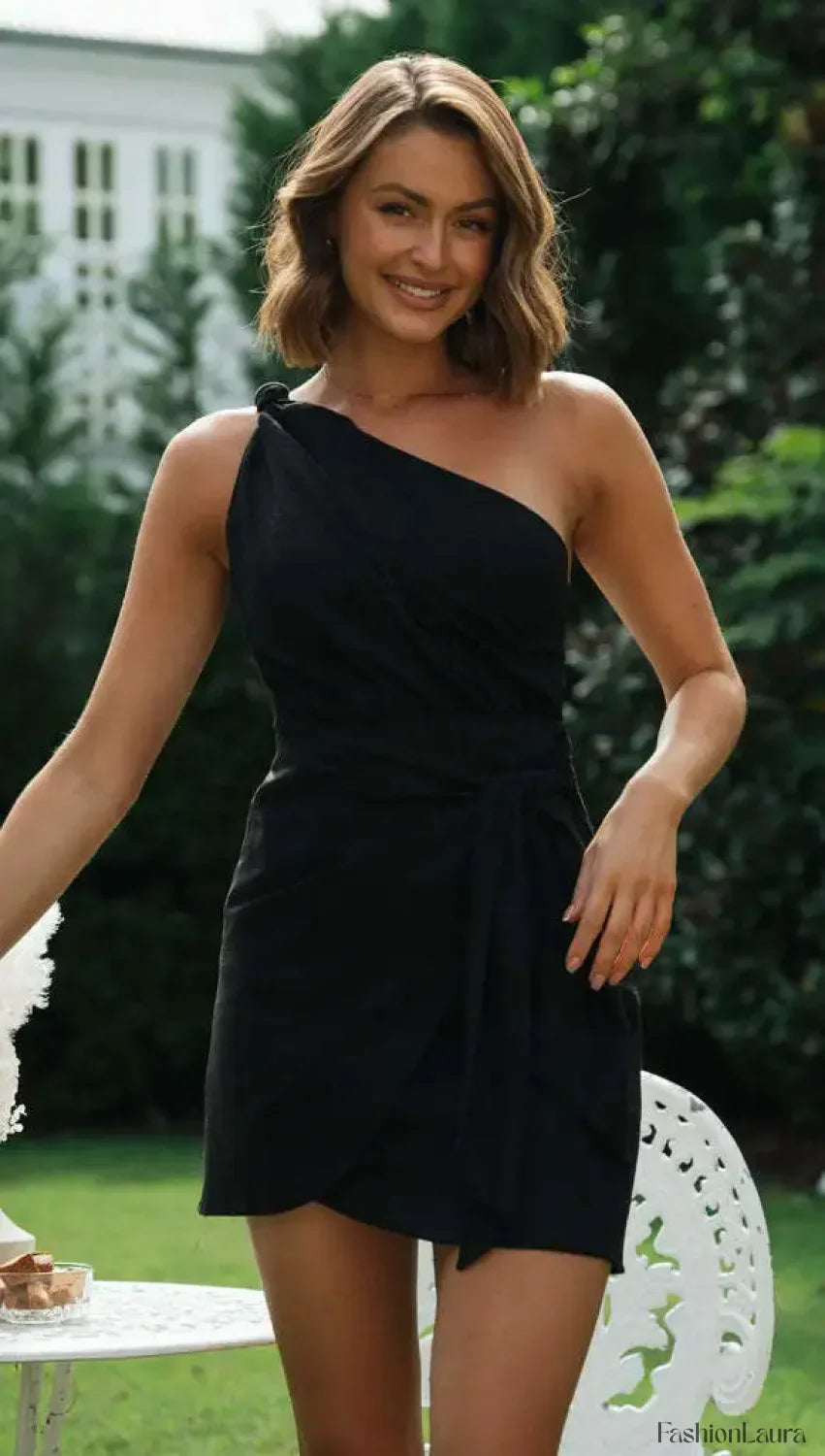 Sexy Backless Dress for Summer Women’s 2024 New Slant Neck Zipper Solid High Waist Lace up Irregular Hem Mini Dress