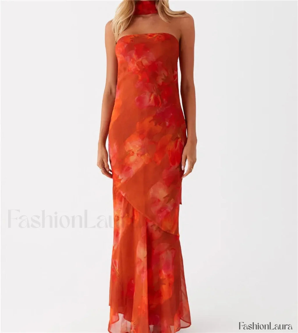 Sexy Backless Mesh Floral Dress orange / S