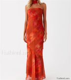 Sexy Backless Mesh Floral Dress orange / S